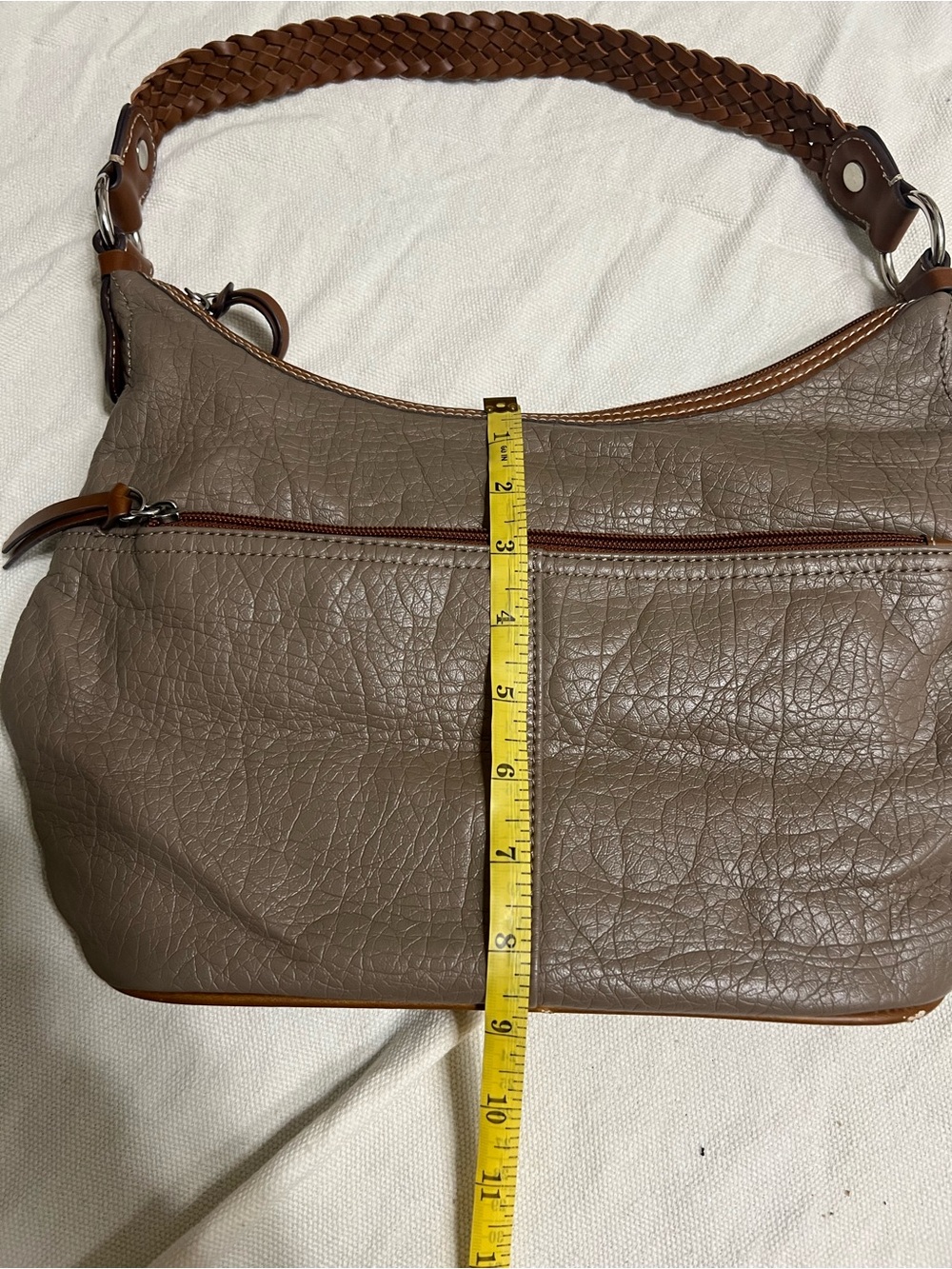 Taupe Leather-Textured Shoulder Bag with Braided Handle - Picture 4 of 7